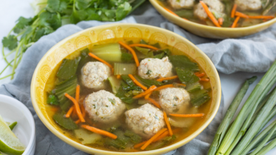 Turkey Meatball “Wonton” Soup with Bok Choy & Carrots