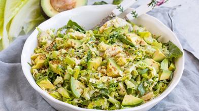 Brussels Sprout Salad with Avocado, Artichokes & Creamy Honey-Mustard Dressing