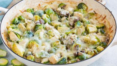 Cheesy Chicken, Brussel Sprouts & Mushroom Bake