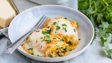 Crab, Kale & Ricotta Lasagna Rolls with Parmesan Pumpkin Sauce