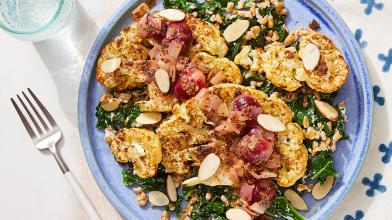 Roasted Cauliflower Steaks & Kale Farro with Grape, Mustard & Thyme Pan Sauce