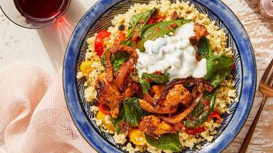 Romesco Chicken & Spinach with Pepper Couscous & Tzatziki