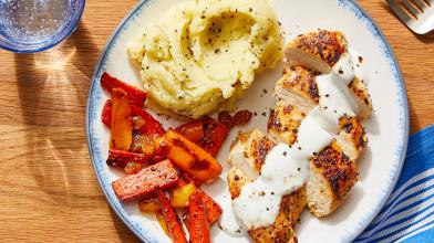 Seared Chicken & Goat Cheese Sauce with Mashed Potatoes & Carrot-Pepper Agrodolce