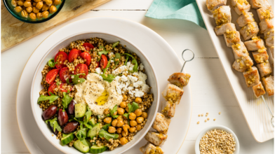 Mediterranean Grain  Bowl with Pork  Skewers