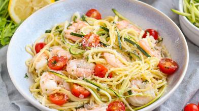 Shrimp Scampi Spaghetti with Zucchini Noodles and Fresh Tomatoes