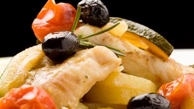 Roasted Cod With Tomatoes, Zucchini, And Olives
