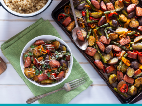 A sheet pan and bowl of a veggie-rich meal for a diabetic friendly diet