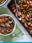 A sheet pan and bowl of a veggie-rich meal for a diabetic friendly diet