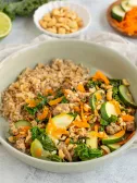 Turkey and vegetable stir-fry with brown rice in bowl