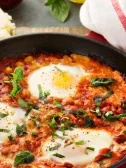 Shakshuka in a skillet: three eggs poached in tomato sauce with chickpeas and greens.