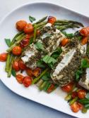 Pesto-Encrusted Cod with Roasted Tomatoes and Asparagus