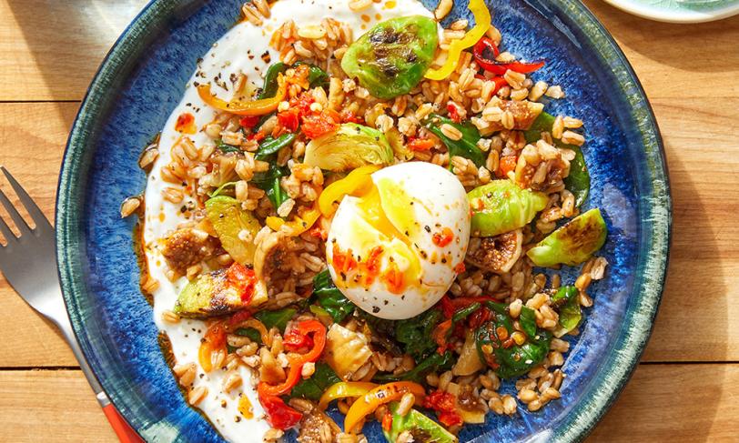 Mediterranean Farro Bowls with Lemon Yogurt and Chili Oil