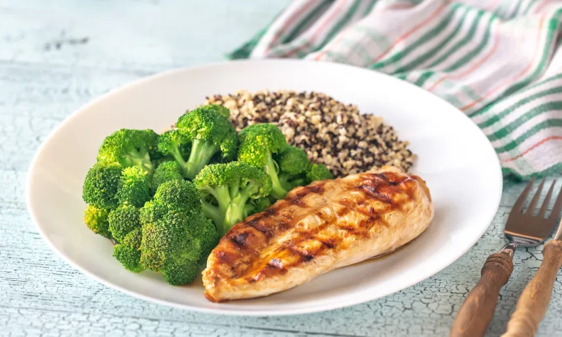 Grilled chicken, broccoli, and quinoa on a white plate.