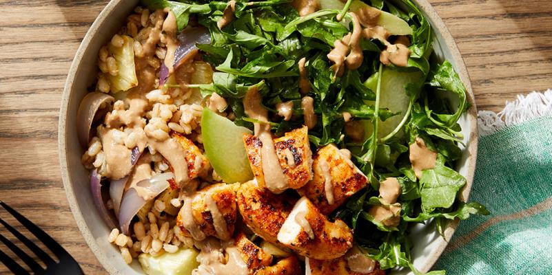 Tahini-Balsamic Chicken Bowls with Barley, Arugula, and Pear