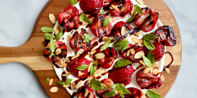 Grilled Strawberries on “Crème” with Balsamic Glaze