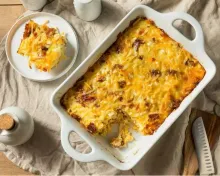 Turkey Sausage and Egg Casserole in a baking dish for a diabetic friendly diet