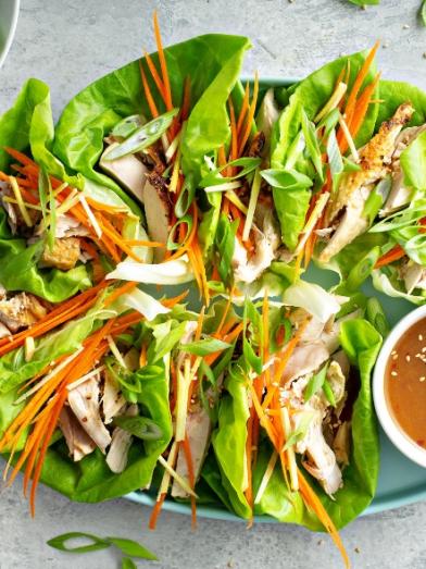 Chicken and Cucumber Lettuce Wraps with Peanut Sauce 