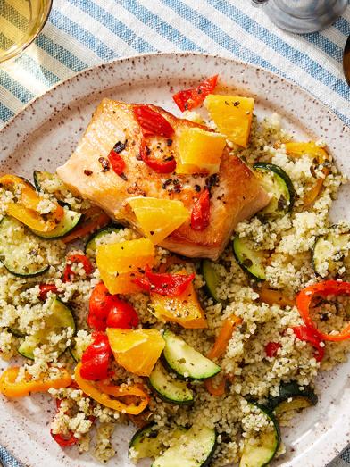 Spicy Salmon & Orange Relish with Salsa Verde Couscous