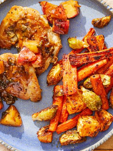 Chicken & Apple-Sage Pan Sauce with Roasted Brussels Sprouts, Carrots & Turnip