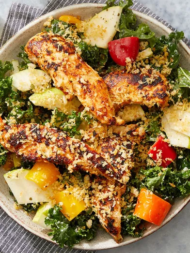 Spiced Chicken & Kale Salad with Parmesan Breadcrumbs & Salsa Verde Dressing