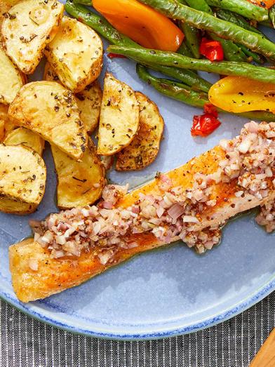 Seared Salmon & Shallot-Dijon Vinaigrette with Roasted Potatoes & Sautéed Vegetables