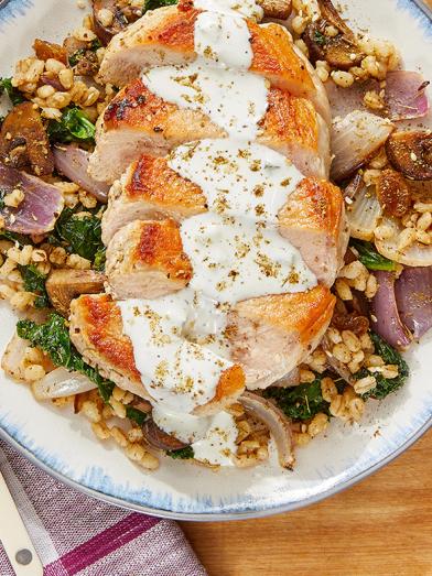 Seared Pork Chops & Cucumber Yogurt with Za’atar Vegetable Barley