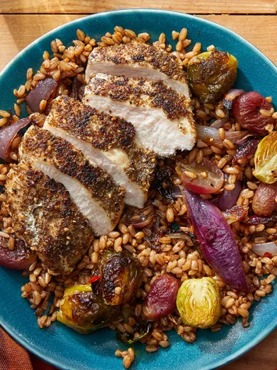 Za’atar Chicken & Farro with Roasted Grapes, Onion & Brussels Sprouts 