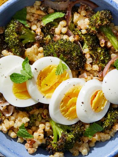 Roasted Broccoli & Fregola Sarda with Hard-Boiled Eggs & Tahini Dressing