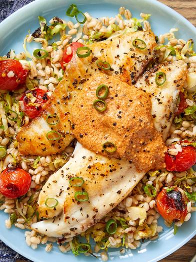 Tilapia & Creamy Romesco Sauce with Barley, Tomatoes, and Brussels Sprouts