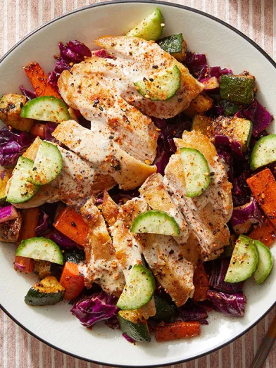 Togarashi Vegetables & Chicken Thighs with Creamy Ponzu-Ranch Dressing