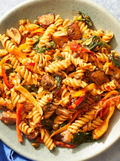 Chickpea Pasta & Calabrian Tomato Sauce with Mushrooms, Spinach, and Peppers