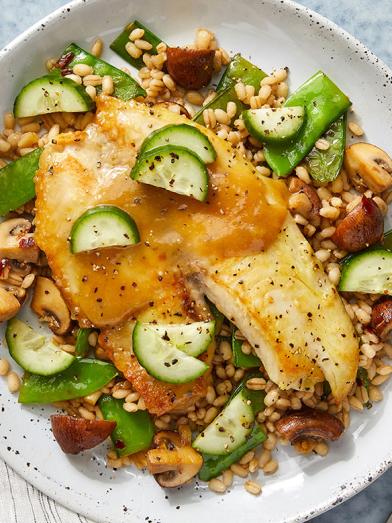 Sweet & Savory Glazed Tilapia over Barley, Snow Peas, and Mushrooms