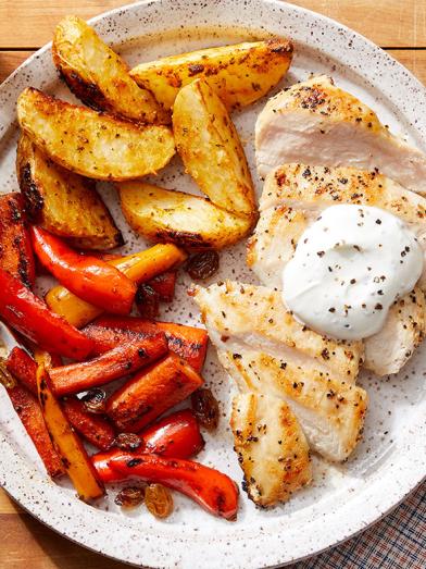 Seared Chicken & Goat Cheese Sauce with Roasted Potatoes and Carrot-Pepper Agrodulce