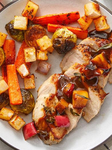 Seared Pork & Roasted Vegetables with Apple and Sage Pan Sauce