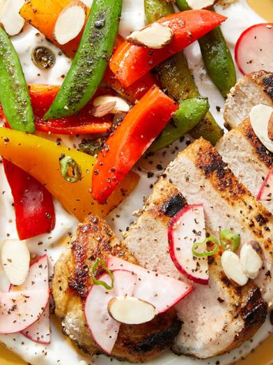 Pork Chops & Preserved Lemon Yogurt with Sautéed Vegetables