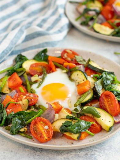Baked Eggs with Roasted Spring Vegetables