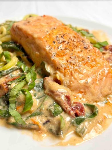Salmon in Sun-Dried Tomato Sauce over Zucchini Noodles