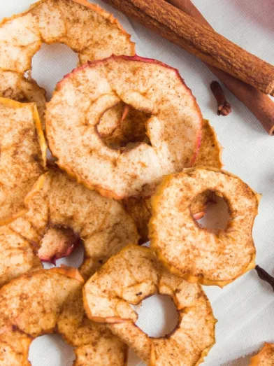 Dried apple slices, whole red apples, cinnamon sticks, and spices on a white surface.