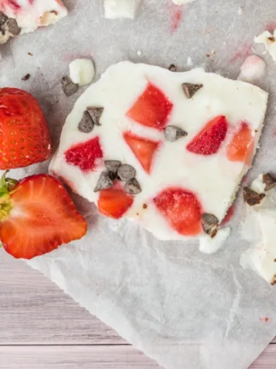 Frozen yogurt bark with strawberries, chocolate chips, and fresh mint.