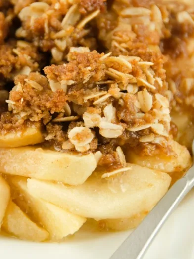 Apple and pear crisp with a golden oat crumble topping.