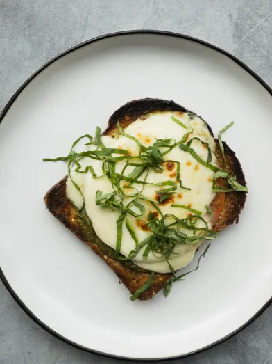 One slice of broiled tomato and cheese toast