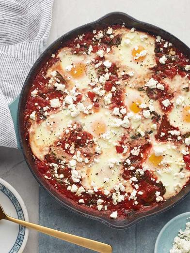 Shakshuka with Red Peppers and Goat Cheese