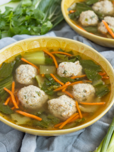 Turkey Meatball “Wonton” Soup with Bok Choy & Carrots