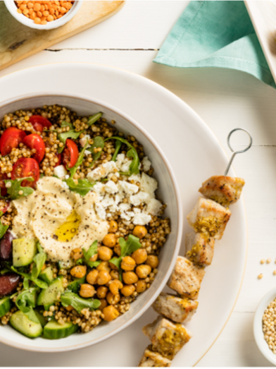 Mediterranean Grain  Bowl with Pork  Skewers