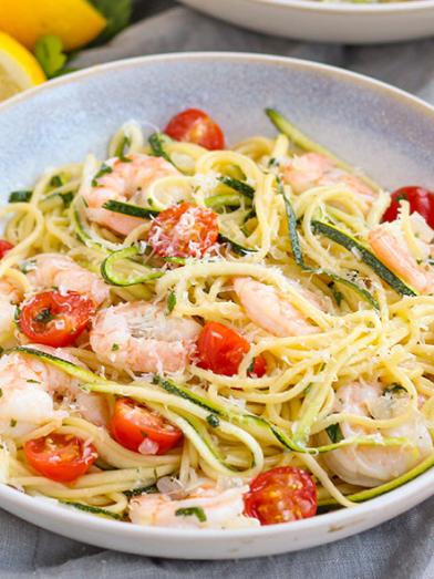 Shrimp Scampi Spaghetti with Zucchini Noodles and Fresh Tomatoes