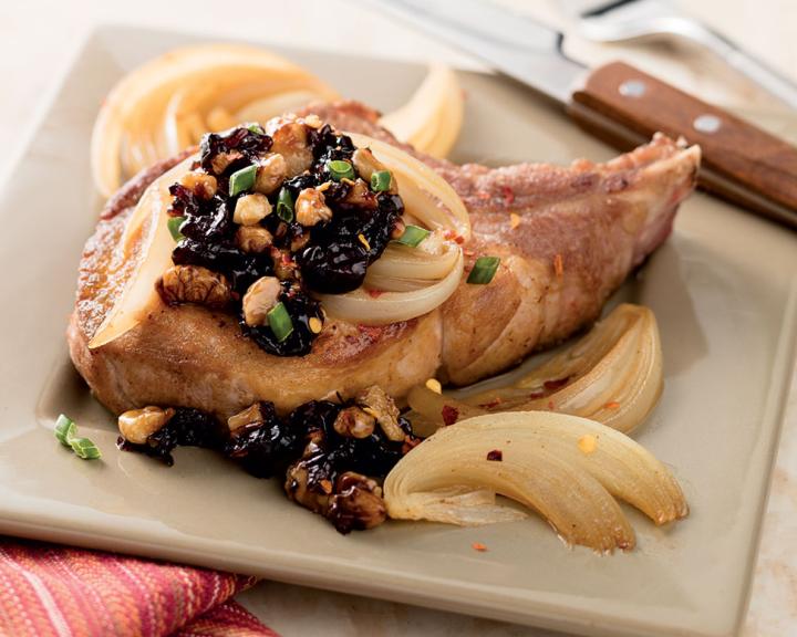 Braised Pork Chops with Cranberry Walnut Chutney