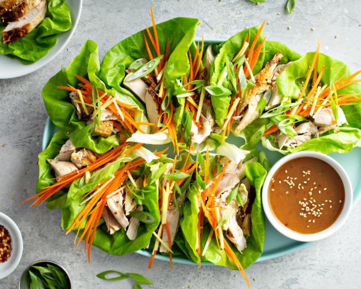 Chicken and Cucumber Lettuce Wraps with Peanut Sauce 