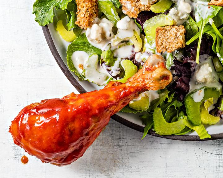 Buffalo Chicken Legs with Blue Cheese Salad