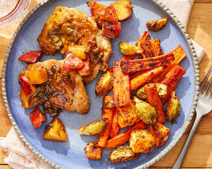 Chicken & Apple-Sage Pan Sauce with Roasted Brussels Sprouts, Carrots & Turnip
