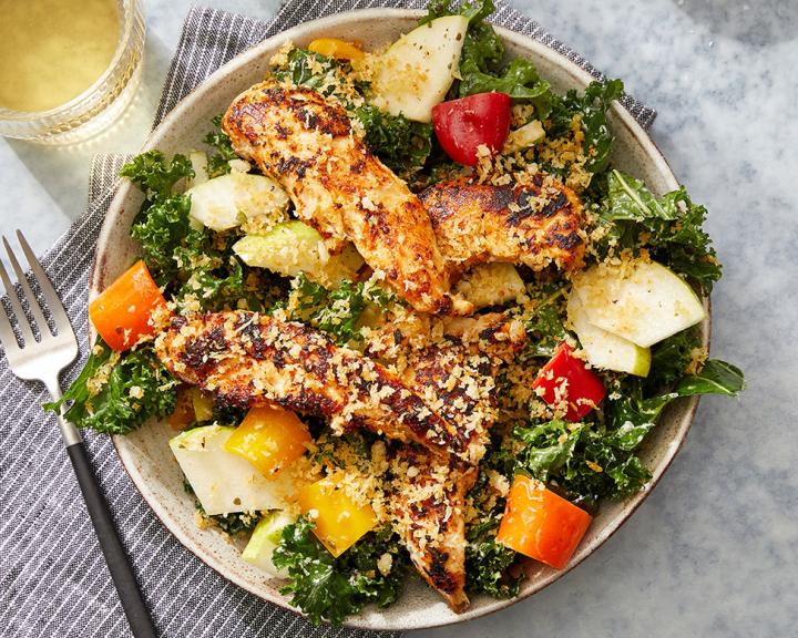 Spiced Chicken & Kale Salad with Parmesan Breadcrumbs & Salsa Verde Dressing